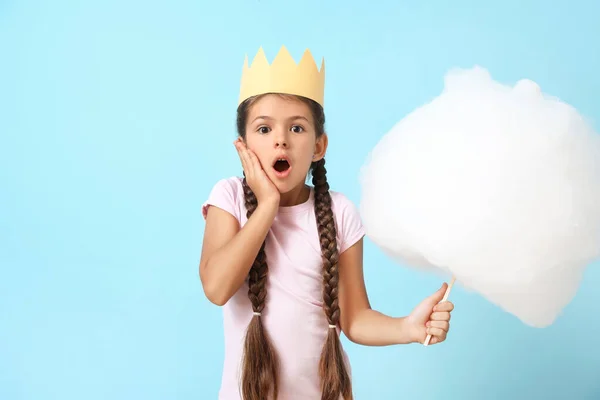 Cute Little Girl Cotton Candy Blue Background — Stock Photo, Image