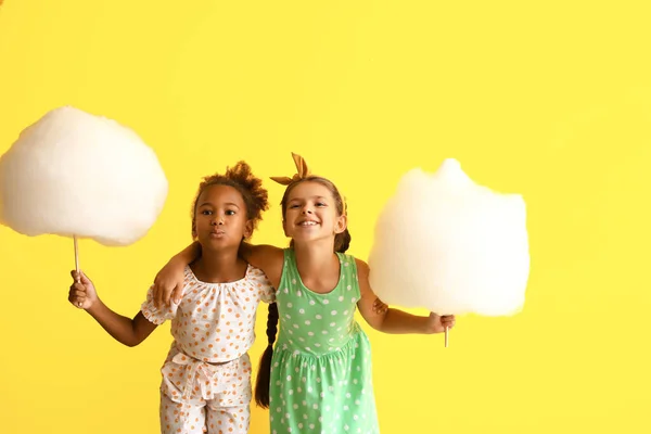 Cute Little Girls Cotton Candy Yellow Background — Stock Photo, Image