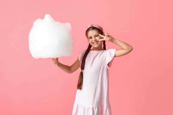 Cute Little Girl Cotton Candy Pink Background — Stock Photo, Image
