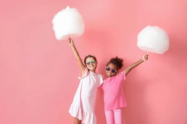 Cute Little Girls Cotton Candy Pink Background — Stock Photo, Image