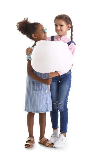Cute Little Girls Cotton Candy White Background — Stock Photo, Image