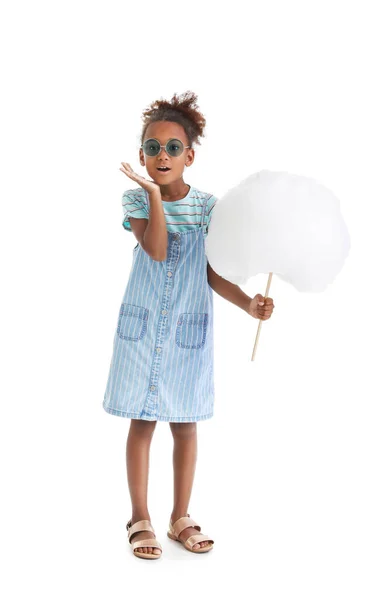 Little African American Girl Cotton Candy White Background — стоковое фото