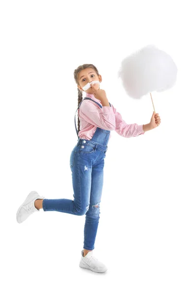 Cute Little Girl Cotton Candy White Background — Stock Photo, Image