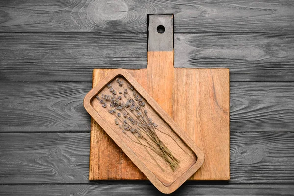 Cutting Board Lavender Flowers Grey Wooden Background —  Fotos de Stock