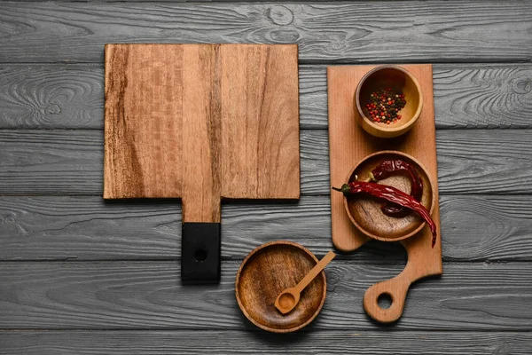 Cutting Boards Bowls Spices Grey Background — Stock Photo, Image