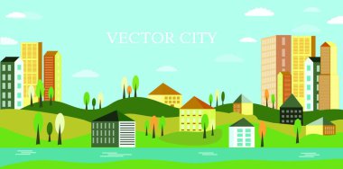 Binaları ve nehri olan modern şehir manzarası