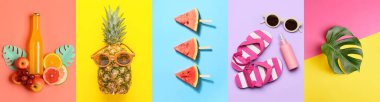 Plaj aksesuarları kolajı tropikal yaprak, taze meyve ve renk arka planında bir şişe kokteyl. Merhaba yaz.
