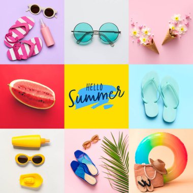 Karpuz ve çiçekli plaj aksesuarları kolajı. Merhaba yaz.