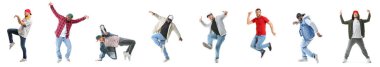 Beyaz arka planda hip-hop yapan bir grup farklı adam.