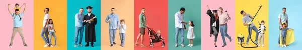 Collage Med Glada Fäder Och Barn Färgglad Bakgrund — Stockfoto