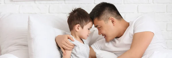 Matin Père Asiatique Son Petit Fils Dans Chambre Bannière Pour — Photo