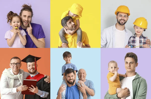 Collage Con Padres Hijos Felices Sobre Fondo Colorido — Foto de Stock
