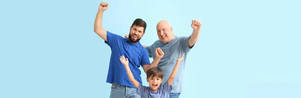 Happy Man His Little Son Father Light Blue Background Banner — Zdjęcie stockowe