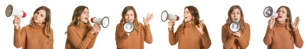 Set Emotional Young Woman Megaphone Isolated White — Stockfoto