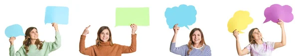 Set Happy Young Woman Blank Speech Bubbles Isolated White — Stock Photo, Image