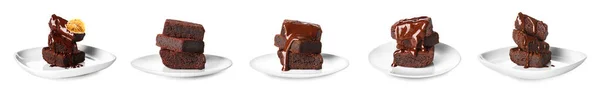 Set Chocolate Brownie Pieces White Background — Stock Photo, Image