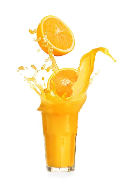 Glass Fresh Orange Juice Splashes White Background — стоковое фото