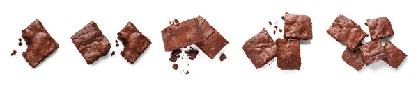 Set Chocolate Brownie Pieces White Background Top View — Stockfoto