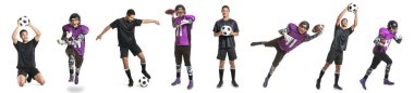 Amerikan futbolcuları ve futbolcular beyazlar üzerinde izole edilmiş.