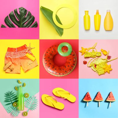 Collage of beach accessories with tropical leaves, watermelon and bottle of cocktail. Hello summer