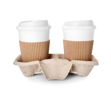 Holder with takeaway paper cups on white background