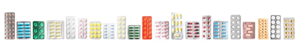 Set Blister Packs Different Pills White Background — Φωτογραφία Αρχείου