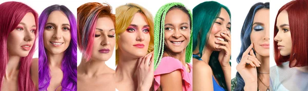 Conjunto Mulheres Diferentes Com Cores Cabelo Incomuns Fundo Branco — Fotografia de Stock