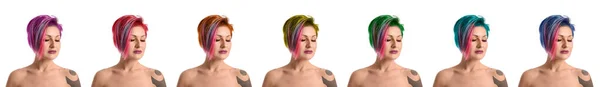 Set Beautiful Tattooed Woman Different Hair Color White Background — Stock Photo, Image