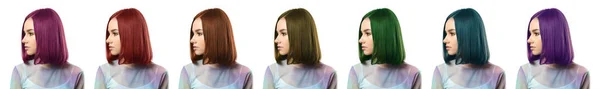 Conjunto Hermosa Mujer Joven Con Diferentes Colores Cabello Sobre Fondo — Foto de Stock