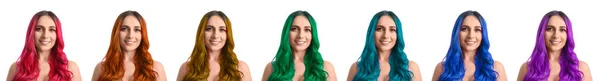 Set Beautiful Young Woman Different Hair Color White Background — 스톡 사진