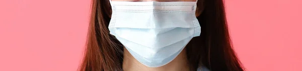 Young Woman Wearing Medical Mask Pink Background Closeup — 스톡 사진