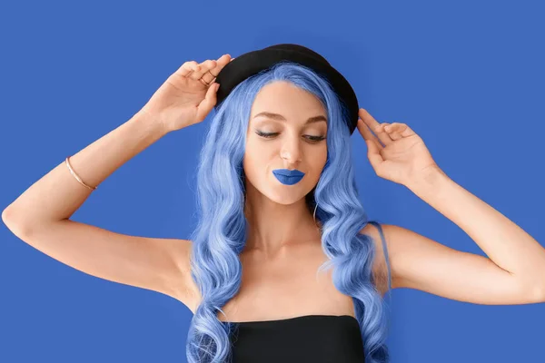 Beautiful Young Woman Unusual Hair Blue Lipstick Color Background — Stock Photo, Image