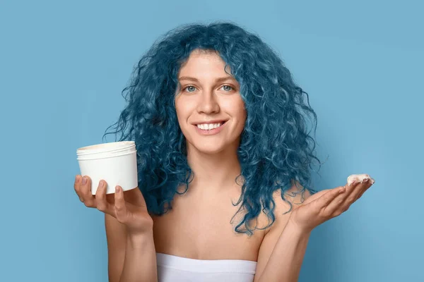 Beautiful Young Woman Blue Hair Cream Color Background — Φωτογραφία Αρχείου