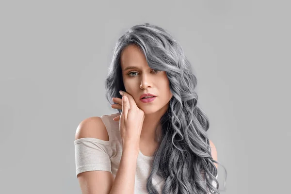 Attractive Young Woman Dyed Hair Grey Background — Stock Photo, Image