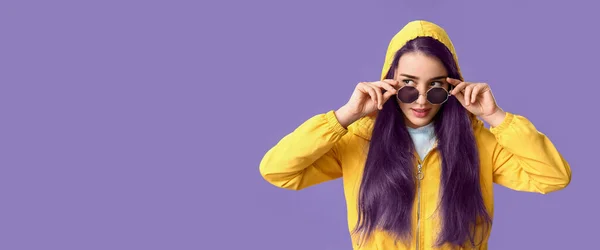 Beautiful Young Woman Unusual Hair Violet Background Space Text — 스톡 사진