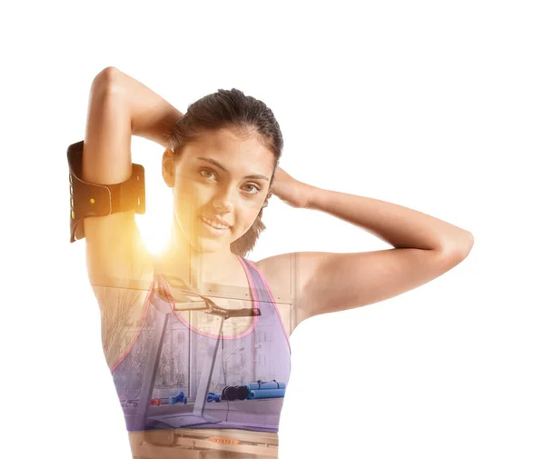 Double Exposure Sporty Young Woman Modern Gym White Background — Φωτογραφία Αρχείου