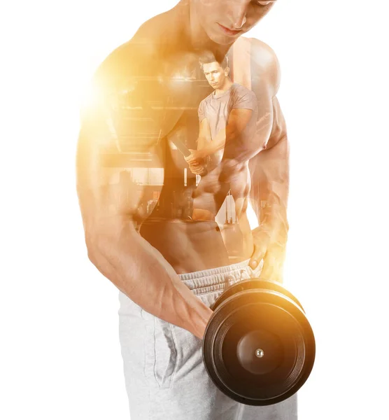 Double Exposure Muscled Young Man Dumbbell Sporty Guy Training Gym — Zdjęcie stockowe
