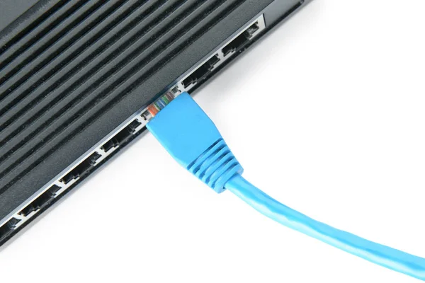 Modern Router Internet Cable Isolated White Background Closeup — 스톡 사진