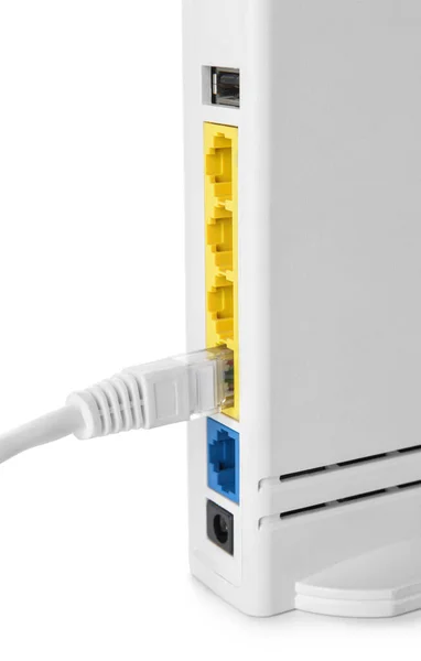 Modern Router Internet Cable Isolated White Background Closeup — Fotografia de Stock