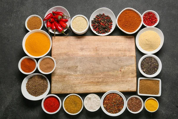 Set Different Aromatic Spices Wooden Board Dark Background — Stockfoto