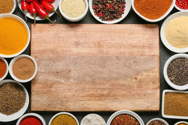 Set Different Aromatic Spices Wooden Board Closeup — Stock Photo, Image