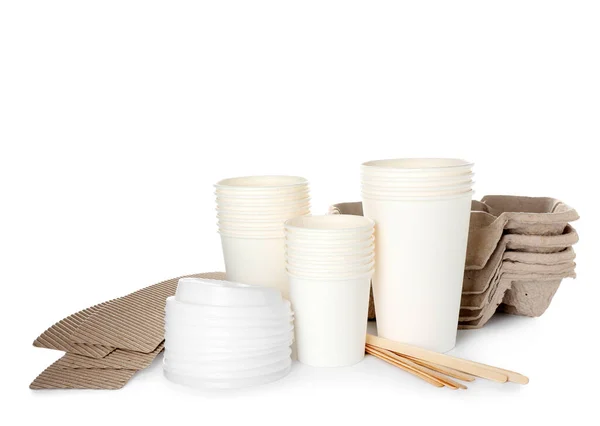 Takeaway Paper Cups Spoons Holders White Background — Foto de Stock