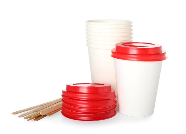 Takeaway Paper Cups Spoons White Background — Stock Photo, Image