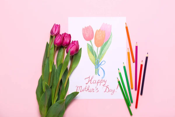 Picture Text Happy Mother Day Pencils Tulips Pink Background — Stockfoto