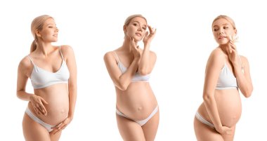 Beyaz iç çamaşırlı, güzel, hamile bir kadın.