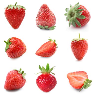 Beyaz üzerine izole edilmiş tatlı olgun çilek seti.