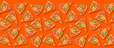Many slices of tasty pizza on orange background. Texture for design