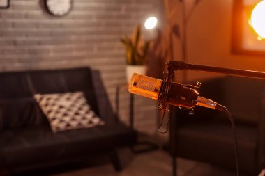 Geceleri modern profesyonel mikrofonun yanında durun.