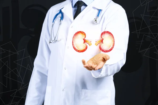 Doctor and kidneys on virtual screen against black background
