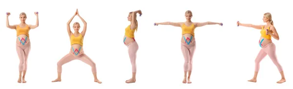 Set Pregnant Woman Applied Kinesio Tape Training White Background — Stockfoto